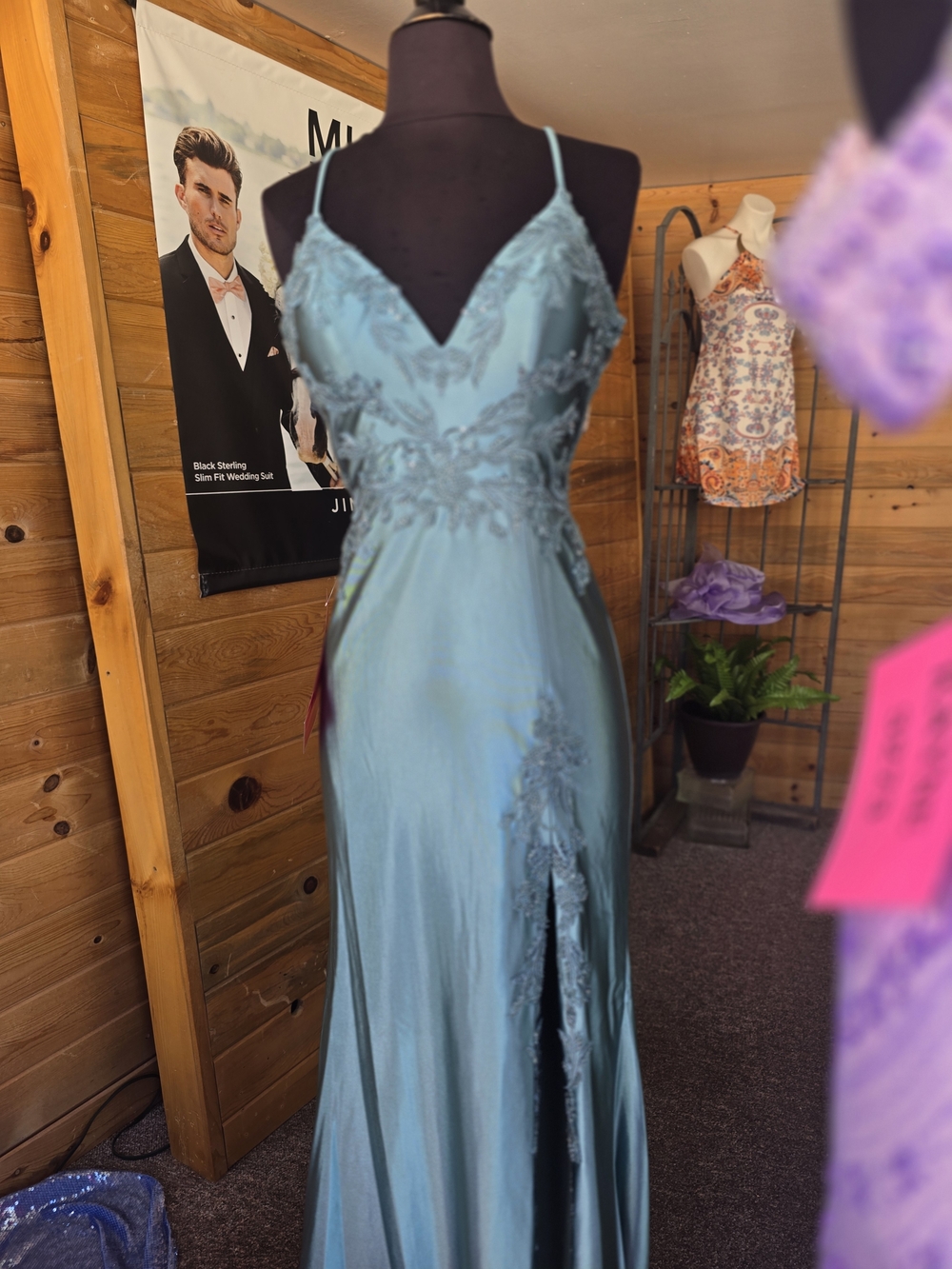 Elegant Dark Pacific Green Lace Appliqué Spaghetti Strap Prom Dress